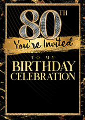 80th Birthday Party Celebration Black and Gold Invitation Template