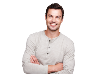 Arms crossed, portrait and man isolated on transparent, png background for leadership, mindset and happiness. Happy face of a proud, young person or model with confidence and casual or cool style