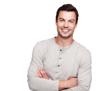 Arms crossed, portrait and man isolated on transparent, png background for leadership, mindset and happiness. Happy face of a proud, young person or model with confidence and casual or cool style