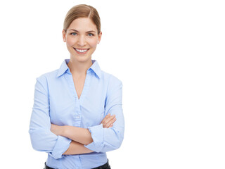 Portrait, smile and arms crossed with a business woman isolated on a transparent background....