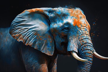 An elephant with orange and blue paint on it's face created with Generative AI technology