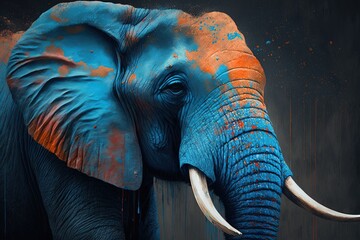 Fototapeta na wymiar An elephant with orange and blue paint on it's face created with Generative AI technology