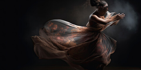 Elegant dramatic woman dancer with a flowing dress backlighting - Generative AI 