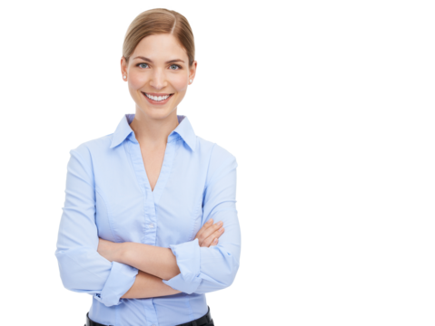 Portrait, smile and arms crossed with a business woman isolated on a transparent background. Worker, confidence or mission with a confident and attractive young professional employee standing on PNG