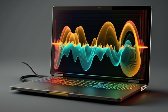 A laptop with a sound wave on the screen created with Generative AI technology