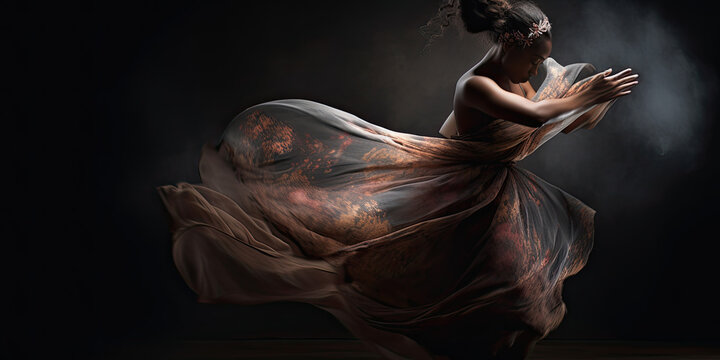 Elegant dramatic woman dancer with a flowing dress backlighting - Generative AI 