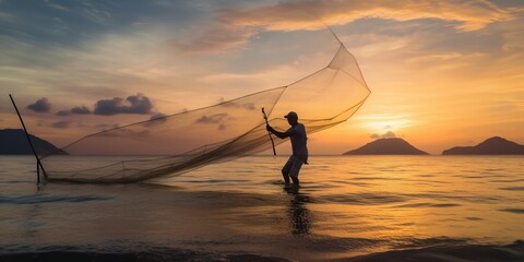 A fisherman casting a net into the sea at sunrise, showcasing the timeless beauty of the fishing profession, concept of Serene environment, created with Generative AI technology