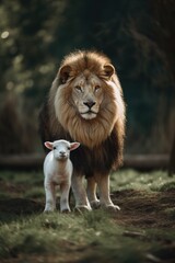A lion and a lamb standing in the grass created with Generative AI technology