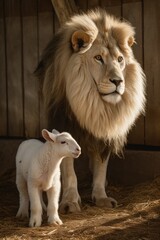 A lion standing next to a lamb in a barn created with Generative AI technology