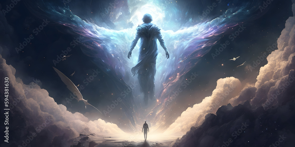 Wall mural astral silhouette of human in cosmic space meditate. back view man fly transcendental spiritual medi