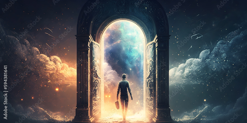 Wall mural astral silhouette of human in cosmic space meditate. back view man fly transcendental spiritual medi