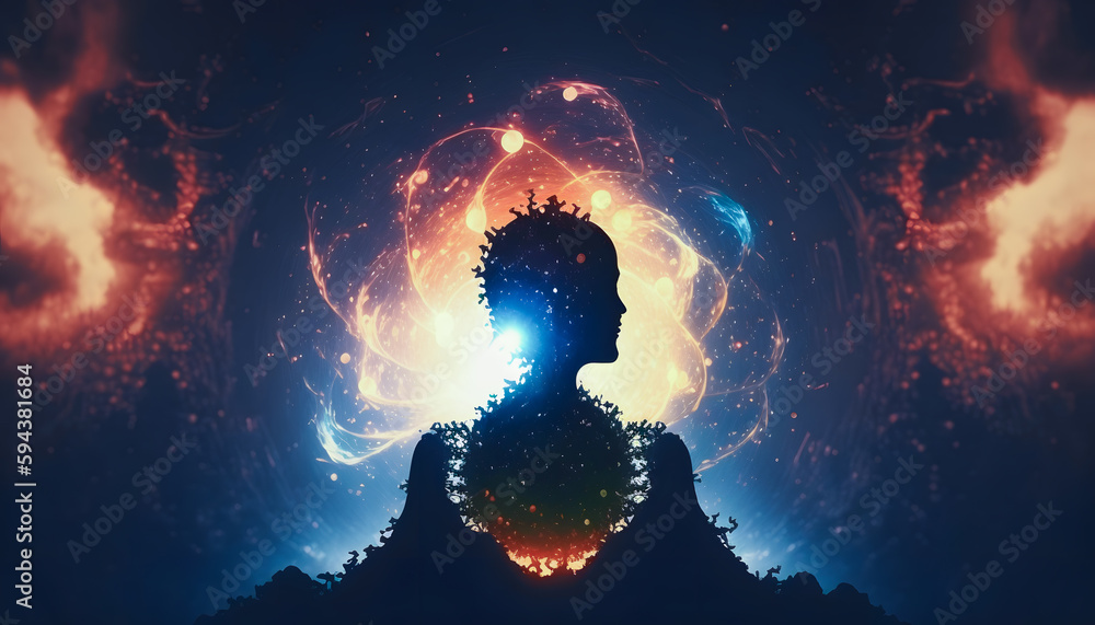 Wall mural astral yoga silhouette of human in cosmic space meditate. back view man practicing transcendental sp