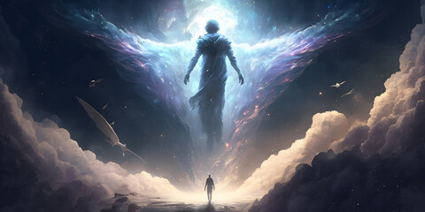 Astral silhouette of human in cosmic space meditate. Back view man fly transcendental spiritual meditation. Generation AI - obrazy, fototapety, plakaty
