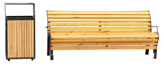 Park Bench and garbage container on white
