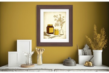 Fototapeta na wymiar Living room wall - mustard and white with frame on wall