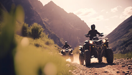 Group people riding atv vehicle on offroad track in touristic tour, sun light. Generation AI