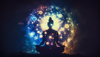 Fototapeta na wymiar Astral yoga silhouette of human in cosmic space meditate. Back view man practicing transcendental spiritual meditation. Generation AI