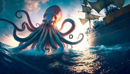 Cthulhu octopus with tentacles underwater and wooden vessel with red sails in ocean. Giant monster Kraken attacks wood ship in sea. Generation AI - obrazy, fototapety, plakaty