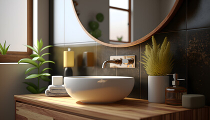 Scandinavian Bathroom interior. Modern White sink on wood counter with round mirror and flowers. Generation AI