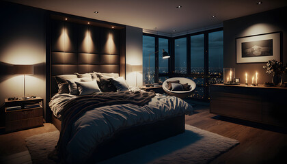 Rich lux dark interior of bedroom for man. Generation AI