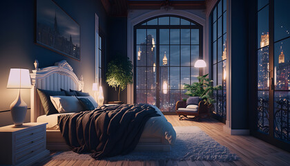 Rich lux dark interior of bedroom for man. Generation AI