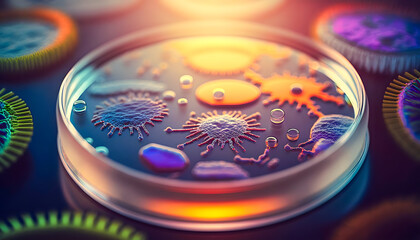 Petri dish with colony color bacteria and viruses of various shapes banner background. Concept of science and medicine. AI generation