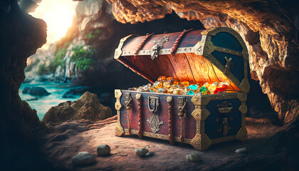 Fototapeta premium Old Open chest with pirate treasures in cave, golden glow, sunset light. Generation AI
