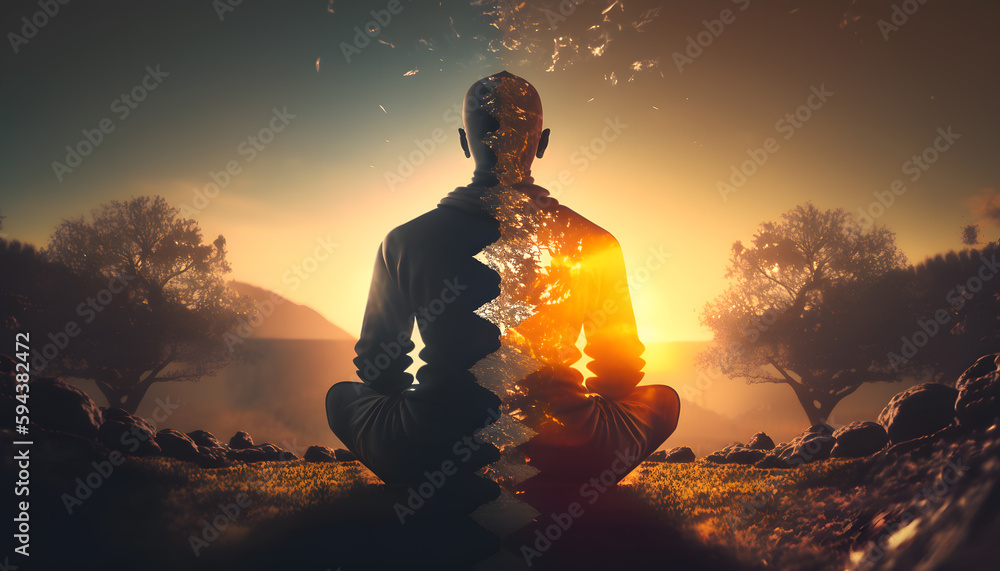 Wall mural yoga silhouette of human in cosmic space meditate with sun light. back view man practicing meditatio