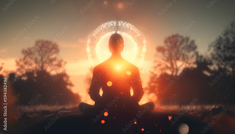 Wall mural yoga silhouette of human in cosmic space meditate with sun light. back view man practicing meditatio