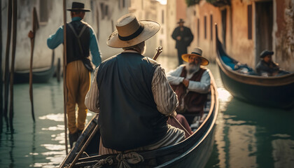 Grand Canal of Venice, Italy. Sunny day gondolier carries tourists on gondola. Generation AI - obrazy, fototapety, plakaty