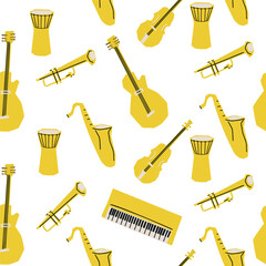Fototapeta premium Seamless pattern with Illustration of musical instruments in cutting style yellow color on white background
