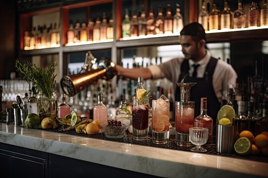 artisanal bar, with unique cocktails and mixers made from fresh ingredients, created with generative ai