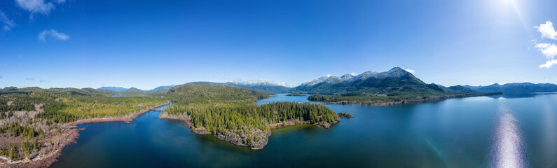 Obraz na płótnie Canvas Aerial Panoramic View of Canadian Mountain Landscape and Lake. Taken in Vancouver Island, British Columbia, Canada. Nature Background Panorama