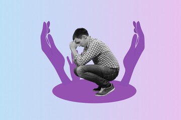 Creative collage of human arms and stressed human