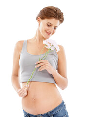 Happy, smile and pregnant woman with flowers for pregnancy, love and self love. Health, mother and young maternal female model with a blooming floral bouquet isolated by transparent png background.