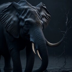A black elephant feeding on branches. Created using generative AI.