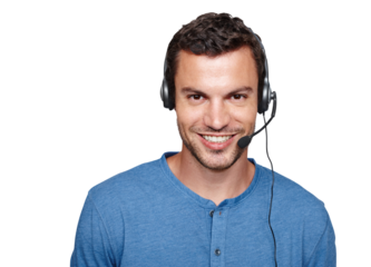 Man, call center portrait and excited smile for customer service, telemarketing or advice by png background. Isolated male consultant, crm agent or tech support with happiness for sales, job or help