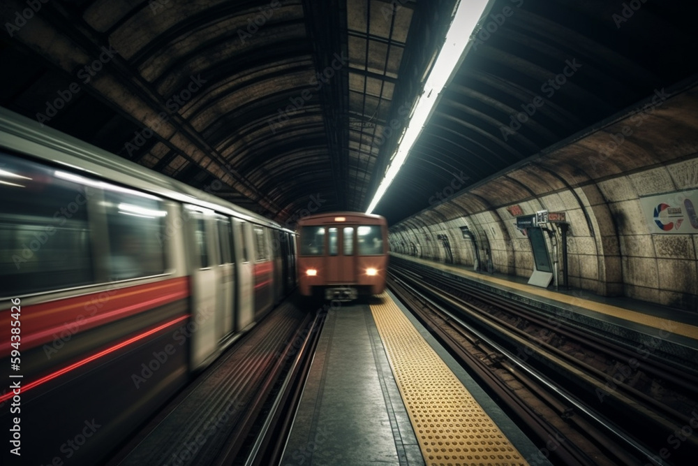 Wall mural underground metro or subway passing or departing the station with great speed. public transportation