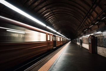 Underground metro or subway passing or departing the station with great speed. Public transportation transit motion concept. Ai generated