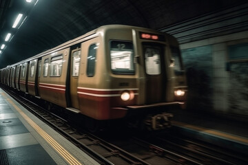 Fototapeta premium Underground metro or subway passing or departing the station with great speed. Public transportation transit motion concept. Ai generated