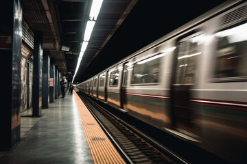 Fototapeta na wymiar Underground metro or subway passing or departing the station with great speed. Public transportation transit motion concept. Ai generated