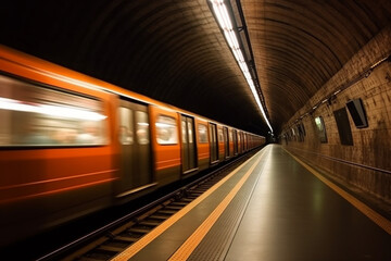 Obraz premium Underground metro or subway passing or departing the station with great speed. Public transportation transit motion concept. Ai generated