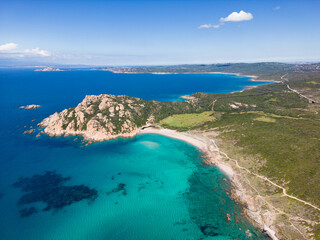Fototapeta premium Beautiful aerial photo landscape of a white sand beach in Northern Sardegna, Italy, Europe