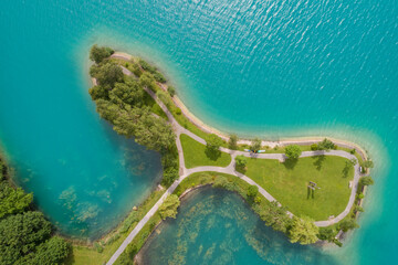 Aerial view of Inseli Lungern on lake Lungern, Switzerland