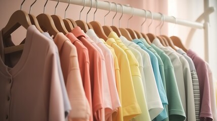 Clothes of different colors on a hanger, open closet with colorful things in pastel colors, home wardrobe. AI generated