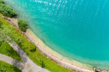 Aerial view of Inseli Lungern on lake Lungern, Switzerland