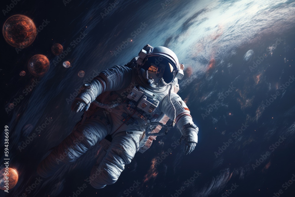 Wall mural astronaut, floating amidst the stars and planets of outer space, created with generative ai