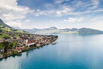 Fototapeta na wymiar Aerial view of Beckenried on Lake Lucern, Lucern, Switzerland