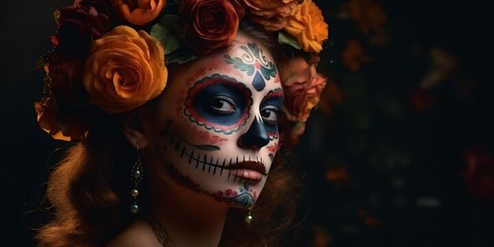 Cinco de Mayo and Dia de los muertos, Holiday of the dead. Mexican Halloween. Sugar skull make up and flowers. Beautiful woman. Generative AI