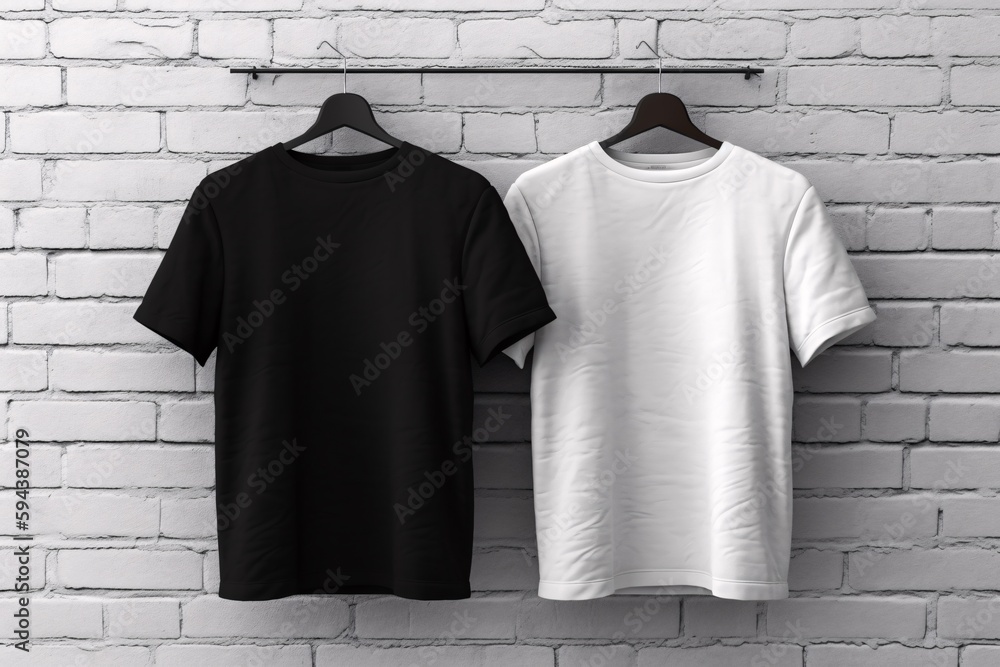 Poster Men's white and black t-shirt with short sleeve mockup hanging on hangers on white brick wall. Front view. 3d realistic illustration. Generative ai.